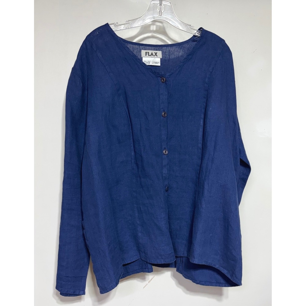 FLAX Navy Blue 100% Linen Button Up V-Neck Blouse Top Womens Large Lagenlook